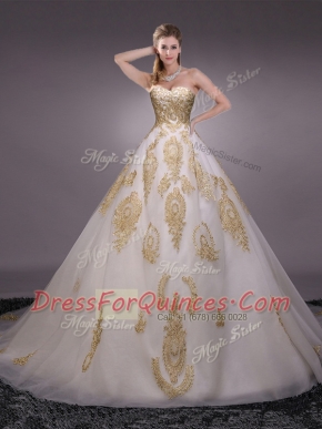 Sexy White Tulle Lace Up Sweetheart Sleeveless With Train Sweet 16 Dresses Brush Train Appliques