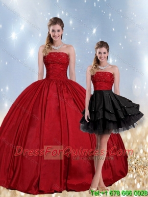 2015 Pretty Strapless Beaded Quinceanera Dress in Red and Black