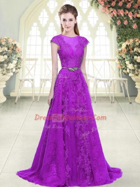 Purple Scoop Neckline Lace and Appliques and Pick Ups Prom Evening Gown Cap Sleeves Zipper
