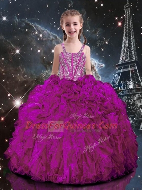 Charming Fuchsia Organza Lace Up Straps Short Sleeves Floor Length Pageant Gowns For Girls Beading and Ruffles