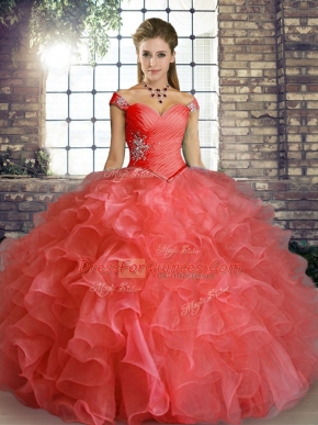 Designer Beading and Ruffles 15th Birthday Dress Watermelon Red Lace Up Sleeveless Floor Length