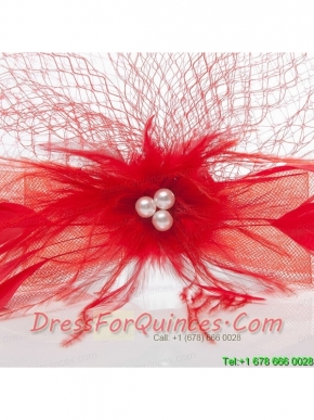 Romantic Red Feather Net Yarn Briadl Hat with Imitation Pearls