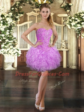 Free and Easy Lilac Ball Gowns Beading and Ruffles Homecoming Dress Lace Up Organza Sleeveless Mini Length