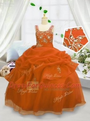 Eye-catching Sleeveless Floor Length Beading and Pick Ups Lace Up Flower Girl Dresses for Less with Orange