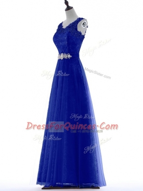 V-neck Sleeveless Zipper Evening Dress Royal Blue Tulle