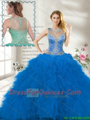 Fall Perfect Scoop Ruffles Blue Quinceanera Gown with Beading