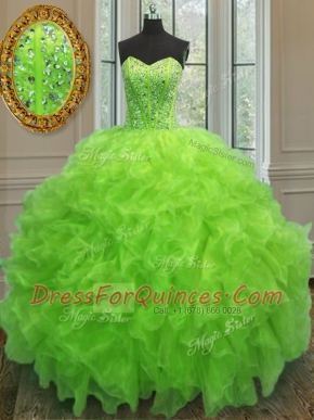 Organza Sweetheart Sleeveless Lace Up Beading and Ruffles Quince Ball Gowns in Yellow Green