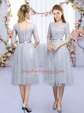 Grey Half Sleeves Tulle Lace Up Quinceanera Dama Dress for Wedding Party