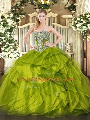 Olive Green Sleeveless Beading and Ruffled Layers Floor Length Sweet 16 Quinceanera Dress