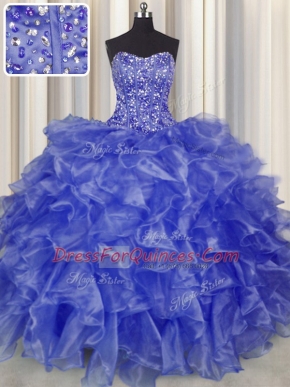Visible Boning Blue Sleeveless Beading and Ruffles Floor Length Ball Gown Prom Dress