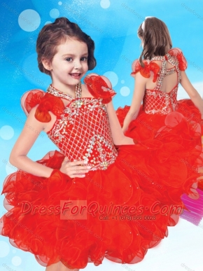 Exclusive Beaded and Ruffled Halter Top Mini Quinceanera  Dress with Criss Cross