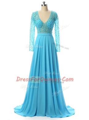 Comfortable Baby Blue Chiffon Zipper V-neck Long Sleeves Prom Evening Gown Brush Train Beading
