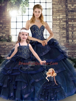 Tulle Sweetheart Sleeveless Lace Up Beading and Ruffles Quinceanera Gowns in Navy Blue