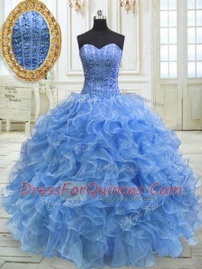 Floor Length Baby Blue Quinceanera Dress Organza Sleeveless Beading and Ruffles
