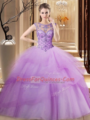New Style Scoop Ruffled Lilac Sleeveless Tulle Brush Train Lace Up Quinceanera Gowns for Military Ball and Sweet 16 and Quinceanera