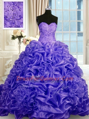 Fancy Purple Sleeveless Beading and Pick Ups Lace Up Quince Ball Gowns