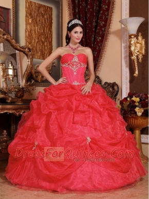 Coral Red Appliques Organza Sweetheart  with Beading and Pick Ups Ball Gown Dress