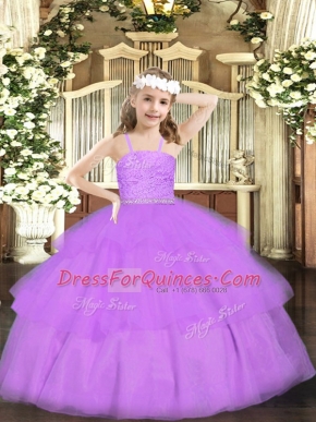 Stunning Lavender Kids Pageant Dress Party and Quinceanera with Beading and Lace Straps Sleeveless Zipper