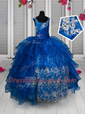 New Style Royal Blue Lace Up Scoop Beading and Lace and Ruffled Layers Little Girl Pageant Gowns Organza and Lace Sleeveless
