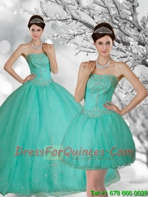 Fashionable Apple Green Strapless Quince Dress with Appliques and Beading for 2015