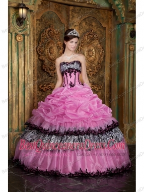 Rose Pink Ball Gown Strapless Floor-length  Picks-ups Taffeta Quinceanera Dress
