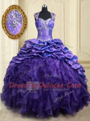 Custom Design Purple Ball Gown Prom Dress Military Ball and Sweet 16 and Quinceanera and For with Beading and Ruffles and Pick Ups Straps Cap Sleeves Brush Train Lace Up