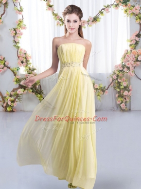 High Class Yellow Empire Chiffon Strapless Sleeveless Beading Lace Up Damas Dress Sweep Train