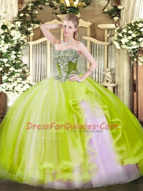 Dynamic Yellow Green Quinceanera Dress Military Ball and Sweet 16 and Quinceanera with Beading and Ruffles Strapless Sleeveless Lace Up