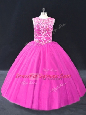 High End Sleeveless Floor Length Beading Lace Up Quinceanera Gown with Fuchsia