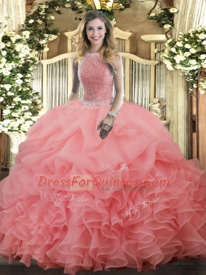 Superior Sleeveless Lace Up Floor Length Beading and Ruffles and Pick Ups Sweet 16 Dresses