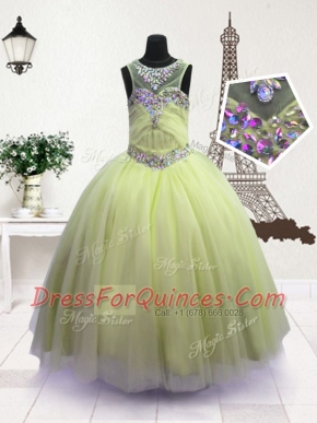 Apple Green Organza Zipper Scoop Sleeveless Floor Length Girls Pageant Dresses Beading