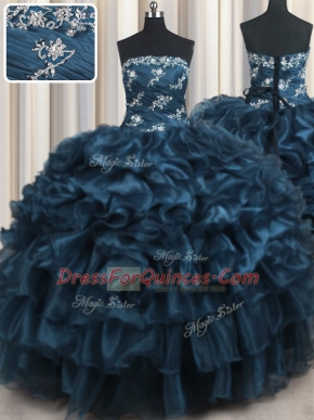 Sleeveless Floor Length Appliques and Ruffles and Ruffled Layers Lace Up Vestidos de Quinceanera with Navy Blue