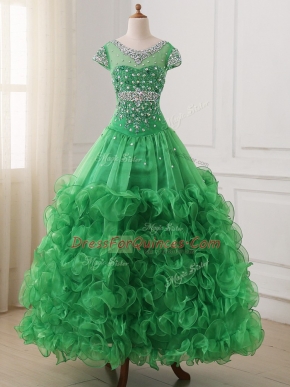 Ball Gowns Little Girl Pageant Dress Green V-neck Organza Cap Sleeves Floor Length Lace Up
