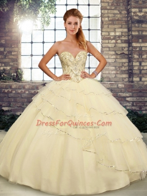 Light Yellow Vestidos de Quinceanera Military Ball and Sweet 16 and Quinceanera with Beading and Ruffled Layers Sweetheart Sleeveless Brush Train Lace Up