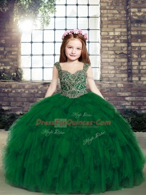 Dark Green Ball Gowns Beading and Ruffles Pageant Dresses Lace Up Tulle Sleeveless Floor Length