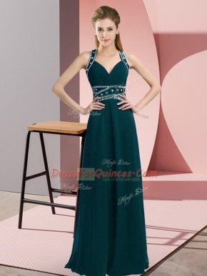 Floor Length Backless Evening Dress Peacock Green for Prom and Party with Beading