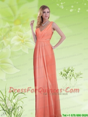 2015 Simple V Neck Empire Ruching and  Prom Dress in Watermelon Red