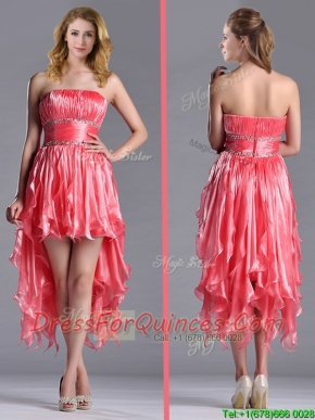 Elegant Strapless High Low Beaded Decorated Waist Prom Dress in Coral Red