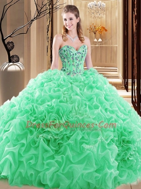 Captivating Fabric With Rolling Flowers Lace Up Quince Ball Gowns Sleeveless Floor Length Embroidery and Ruffles and Pick Ups