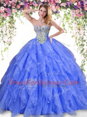Organza Sleeveless Floor Length Ball Gown Prom Dress and Beading and Ruffles