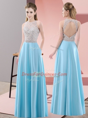 Dramatic Sleeveless Satin Floor Length Backless in Baby Blue with Beading