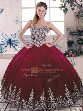 Burgundy Ball Gowns Tulle Sweetheart Sleeveless Beading and Embroidery Floor Length Side Zipper Sweet 16 Quinceanera Dress