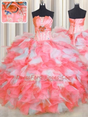 Floor Length Pink And White Sweet 16 Dresses Organza Sleeveless Beading and Ruffles and Hand Made Flower