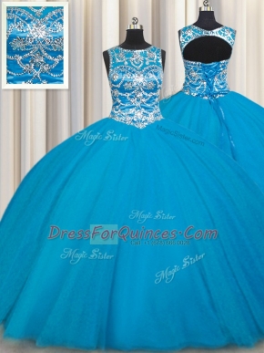Teal Lace Up Scoop Beading Ball Gown Prom Dress Tulle Sleeveless