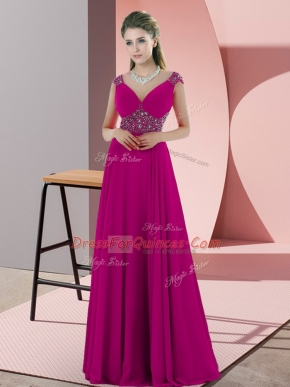 Deluxe Fuchsia Prom Gown Prom and Party and Military Ball with Beading V-neck Sleeveless Backless