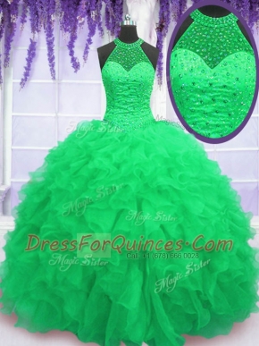 Fabulous Sleeveless Organza Floor Length Lace Up 15th Birthday Dress in with Beading and Ruffles