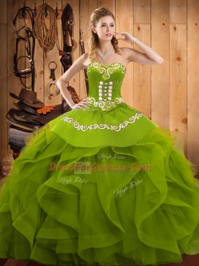 Olive Green Organza Lace Up Sweet 16 Dress Sleeveless Floor Length Embroidery and Ruffles