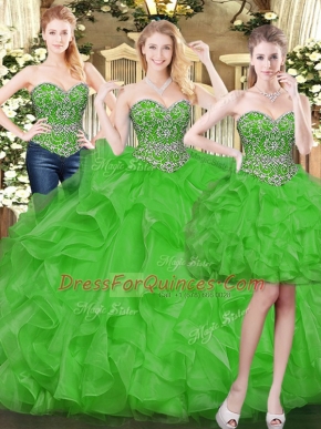 Green Ball Gowns Beading and Ruffles 15th Birthday Dress Lace Up Tulle Sleeveless Floor Length