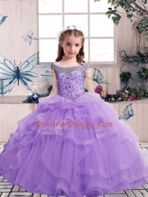 Amazing Lavender Off The Shoulder Lace Up Beading and Ruffles Girls Pageant Dresses Sleeveless