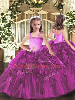 Floor Length Fuchsia Little Girls Pageant Gowns Straps Sleeveless Lace Up
